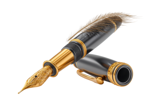 PNG Luxurious black and gold fountain pen with feather quill design