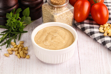 Delicious walnut creamy sauce in the bowl