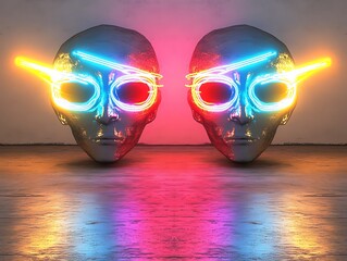 Alien heads with neon glasses