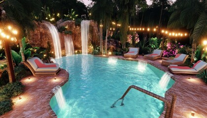 Tropical pool oasis at night