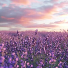 Fototapeta premium Lavender field at sunset with pastel skies