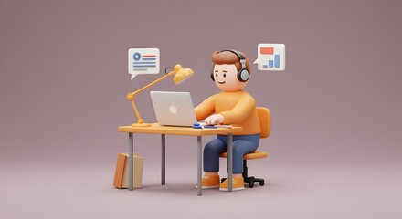 Focused 3D Render of Person Working on Laptop, Online Learning, Remote Work, Data Analysis, and Digital Communication Concept
