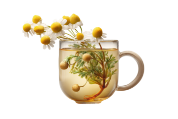 PNG Clear glass cup with chamomile tea and fresh flowers against black background