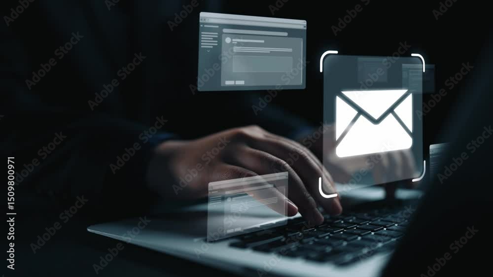Poster business person checking email inbox, organizing and prioritizing messages for better productivity. 