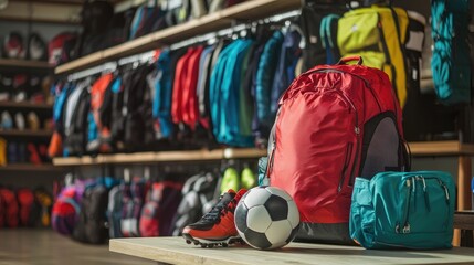 Colorful sporting goods displayed on store shelves.