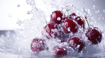 Fresh cherries submerged in splashing water.
