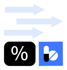 Three blue arrows indicating movement or flow next to a percentage icon and capsule symbol. Ideal for progress, efficiency, cost analysis, healthcare, statistics, pharmaceutical processes, flat
