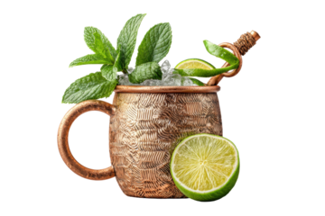 PNG Copper mug with mint cocktail and lime on black background