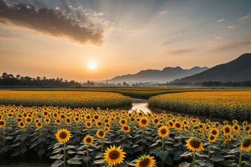 Obraz premium arafed sunflowers in a field with a stream running through it