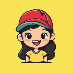 Cheerful Cartoon Girl Wearing Red Cap with Green Brim Smiling Broadly