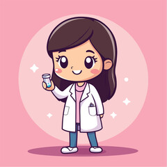 Cheerful Cartoon Girl Scientist Holding Sample Vial