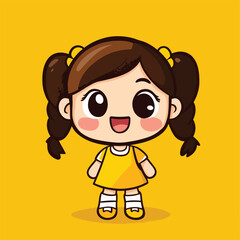 Cheerful Cartoon Girl with Braided Pigtails and Yellow Dress Smiling Wide
