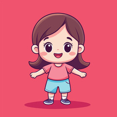 Cheerful Cartoon Girl with Brown Hair Pink Shirt and Blue Shorts