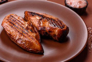 Chicken breast, grilled fillet, meat meal on a plate. Grilled poultry for dinner