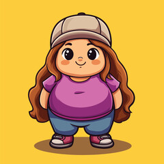 Cheerful Cartoon Girl with Long Brown Hair and Baseball Cap