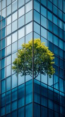 Eco-friendly building in the modern city. Sustainable glass office building with tree for reducing carbon dioxide. Office building with green environment. Corporate building reduce