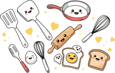 Smiling kitchen tools, all with happy faces, arranged playfully