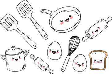 Smiling kitchen tools, all with happy faces, arranged playfully