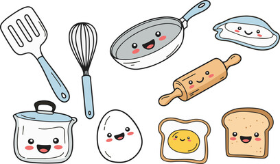 Smiling kitchen tools, all with happy faces, arranged playfully