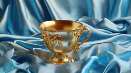 Gold goblet on blue silk fabric.