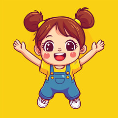 Cheerful Cartoon Girl with Pigtails and Blue Overalls Reaching Upward
