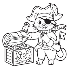 Pirate Cat with Treasure Chest of Halloween Candy - Line Art Coloring Page
