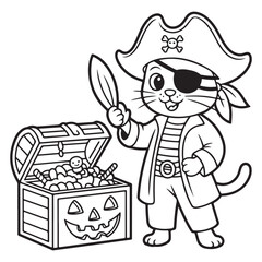 Pirate Cat with Treasure Chest of Halloween Candy - Line Art Coloring Page