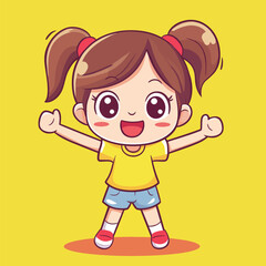 Cheerful Cartoon Girl with Pigtails Yellow Shirt and Arms Raised
