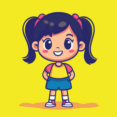 Fototapeta premium Cheerful Cartoon Girl with Pigtails and Bright Outfit