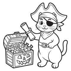 Adorable Pirate Cat Holding Map and Treasure Chest - Halloween Line Art