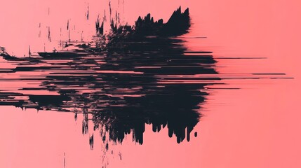 Abstract glitch art with dark, horizontal lines on pink background.