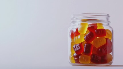 Glass jar filled with colorful gummy candies on white background.