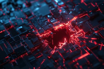 System hacked concept with broken lock and glowing red circuitry in a digital landscape, System hacked concept with broken lock Internet crime or Cyber attack metaphor 3D render
