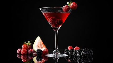 Red berry cocktail in martini glass with assorted berries and watermelon.