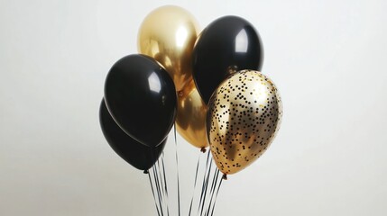 Elegant black and gold balloons bunch on white background.