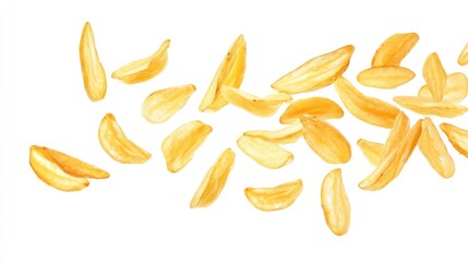 Golden potato wedges falling on white background.
