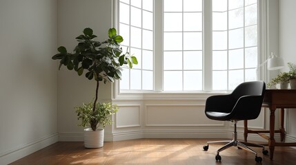 Modern minimalist office corner featuring ergonomic chair and green potted plant with natural daylight, clean lines, and neutral tones. Ideal workspace with simple interior design concept.

