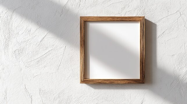 Minimalist wooden frame leaning on white textured wall with natural shadow in soft lighting, clean Scandinavian design aesthetic in 45-degree overhead view composition