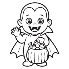 Happy Baby Vampire with Trick-or-Treat Bucket – Line Art Coloring Page