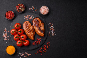Chicken breast, grilled fillet, meat meal on a plate. Grilled poultry for dinner