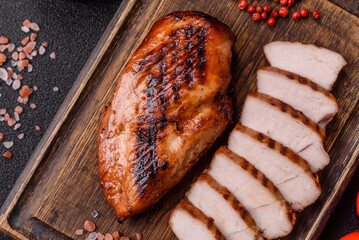 Chicken breast, grilled fillet, meat meal on a plate. Grilled poultry for dinner