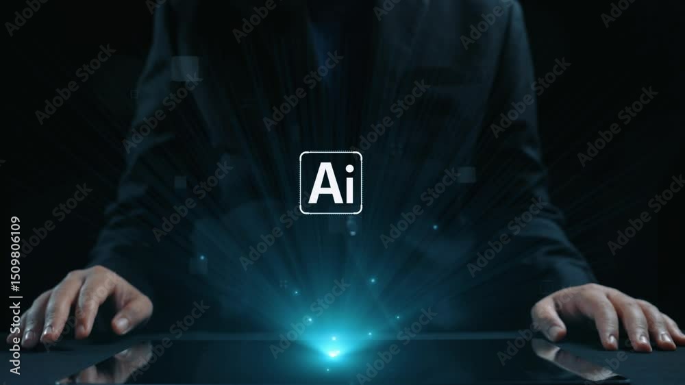 Poster human interact with ai artificial intelligence brain processor in concept of ai artificial intellige