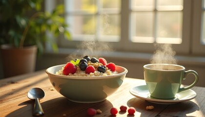 Wholesome breakfast scene with oatmeal, berries, nuts, and a cup of green tea, cozy and natural lighting  .