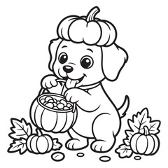 Adorable Puppy with Pumpkin Hat Collecting Candy | Halloween Line Art Coloring Page