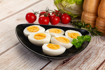 Boiled chicken eggs with bright yolk