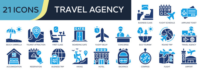 Collection of Travel Agency icons, related to business class, business trip, Travel, holidays, vacation and more. Solid icons vector illustation.