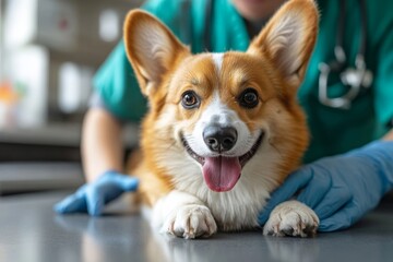 Pretty pembroke welsh corgi dog at the veterinarian, professionals vet with gloves checking the health of cute pet at the vet clinic