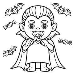 Happy Vampire Boy with Bats and Candy – Adorable Halloween Coloring Sheet