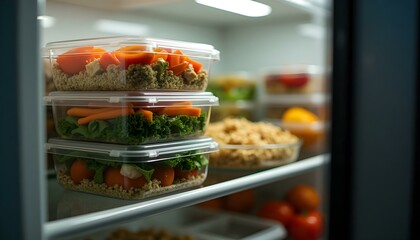 Healthy meal prep containers with assorted colorful vegetables, lean protein, and grains, clean and organized layout  .