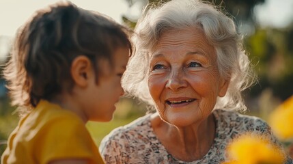 Happy Senior Grandmother Talking and Having Fun with Her Grandchildren, Outdoors Dinner with Food and Drinks. Adults at a Garden Party Together with